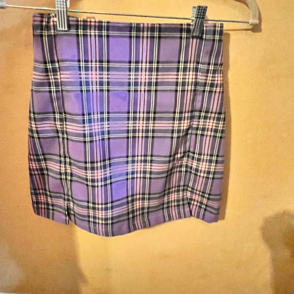 NEW Purple Plaid J Galt skirt, short lower slits, size Small